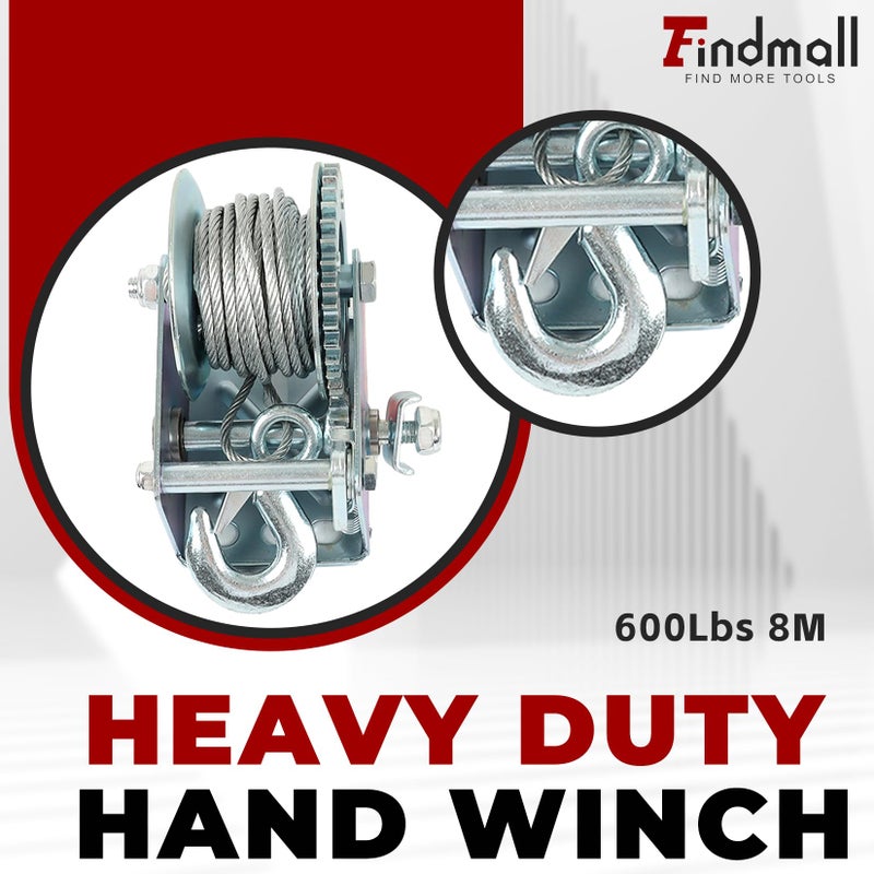 findmall Heavy Duty Hand Winch 600Lbs Hand Crank Strap Gear with 8m Steel Wire Manual Operated Two-Way Ratchet Boat Trailer Marine for Loading Boats Personal Watercraft and Lawn Equipment - Image 3